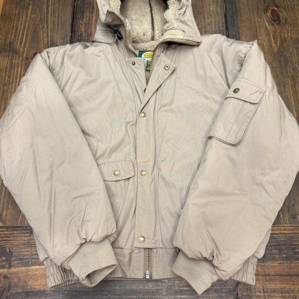 Cabelas‎ Mens Tan Sherpa Lined Hooded Bomber Jacket, zipper split hood, vintage